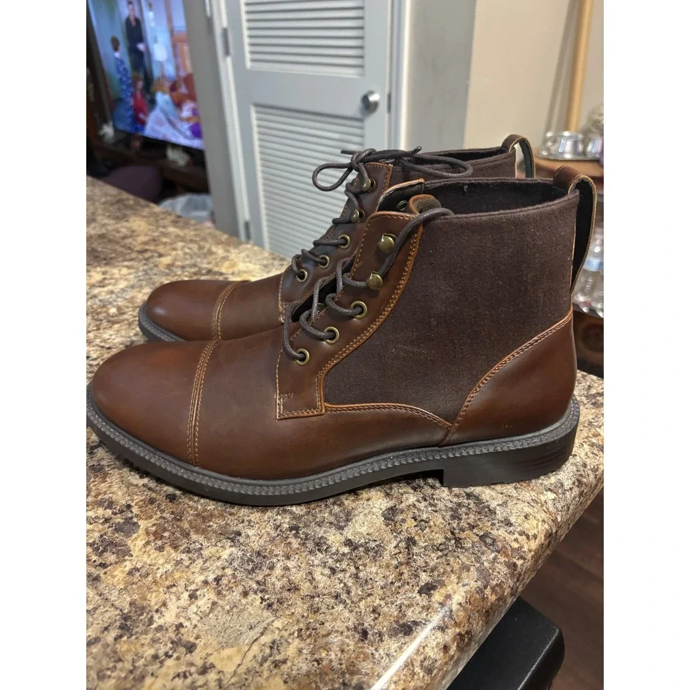 Mens Brown Cap Toe Lace Up Combat Boots Mixed Material Roll Boot B 10.5M